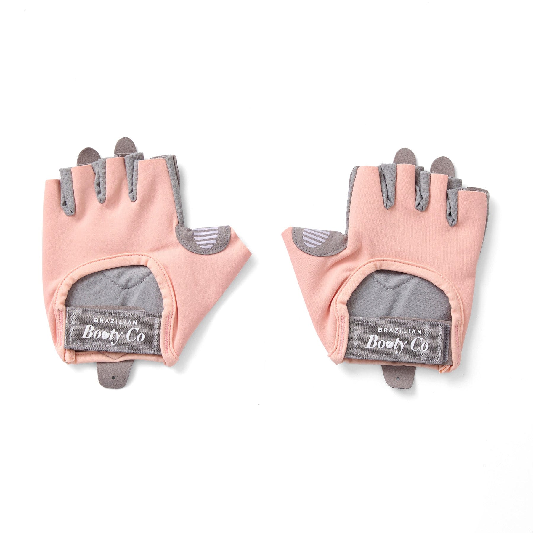 Pair of pink and gray gloves with Brazilian Booty Co. 