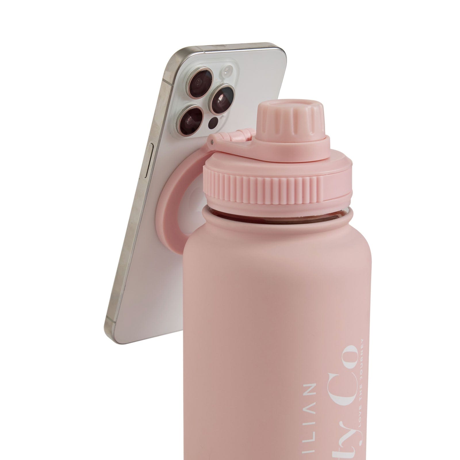 Pink water bottle with magnetic phone holder