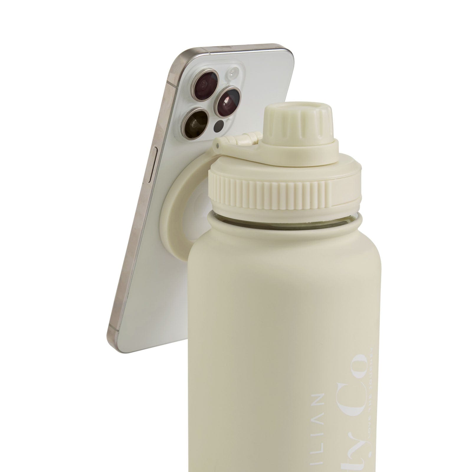 Cream fitness water bottle with phone holder