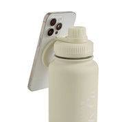 Cream fitness water bottle with phone holder